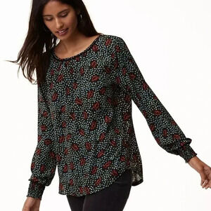 Loft Floral Lace Trim Smocked Cuff Blouse, Color Black/Turquoise/Red Size SP